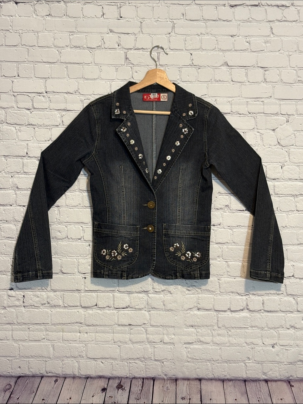 Embellished Dark Denim Blazer Jacket with Floral Details - Women